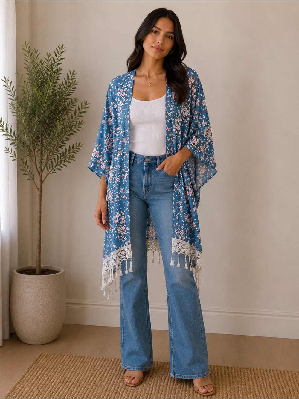 Blue Floral Fringe Kimono